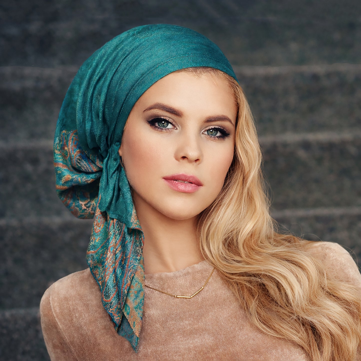 Teal red soft cashmere headscarf