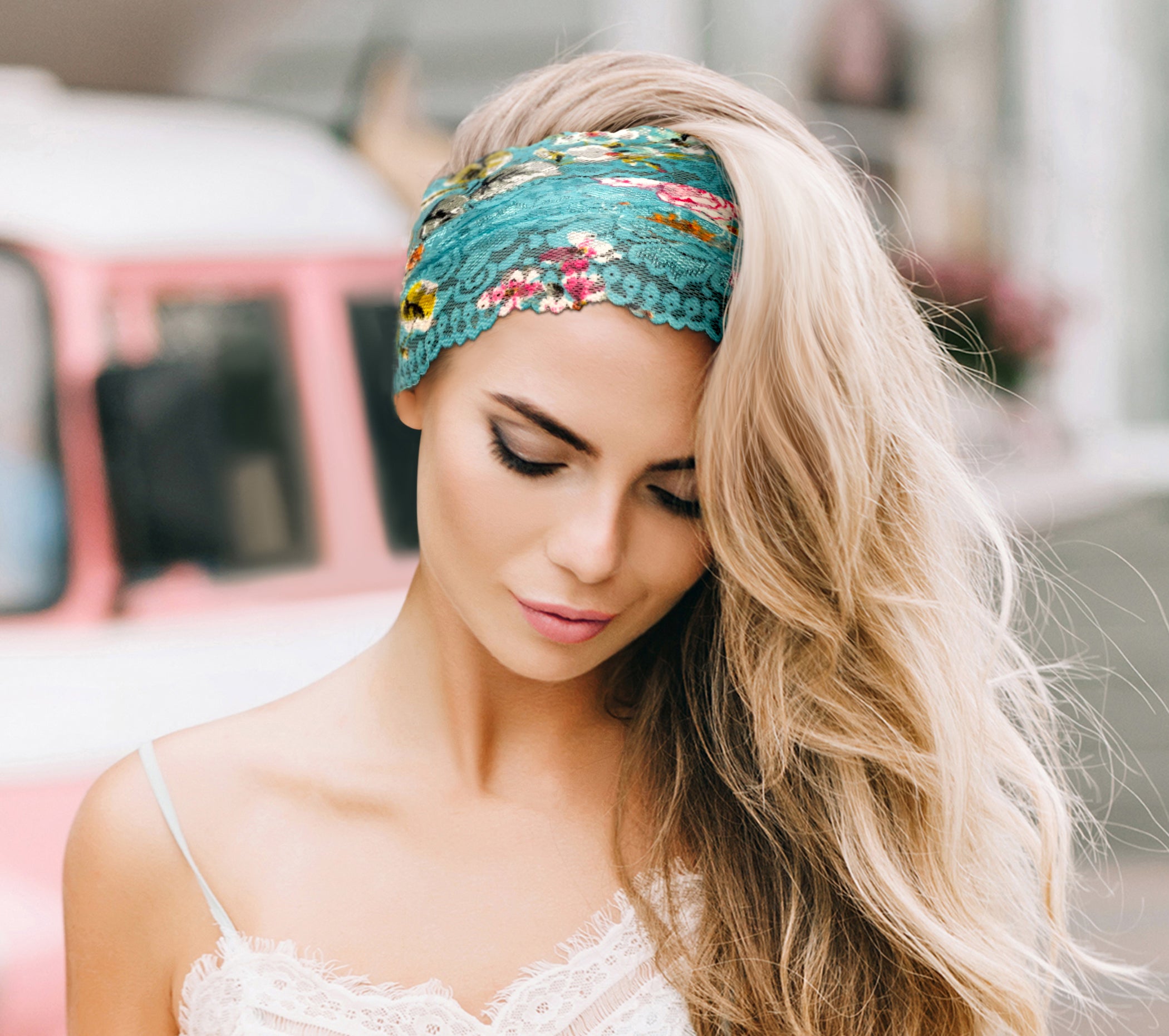 Turquoise lace headband super wide