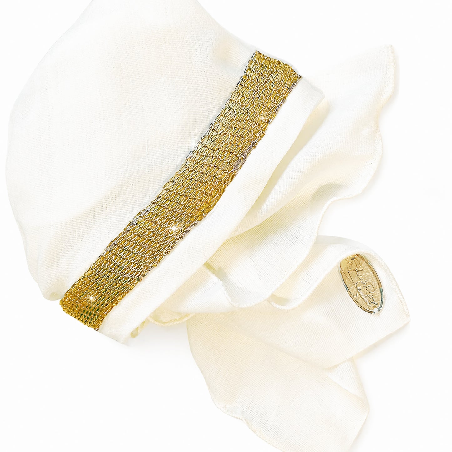 White cotton headscarf gold sparkly trim
