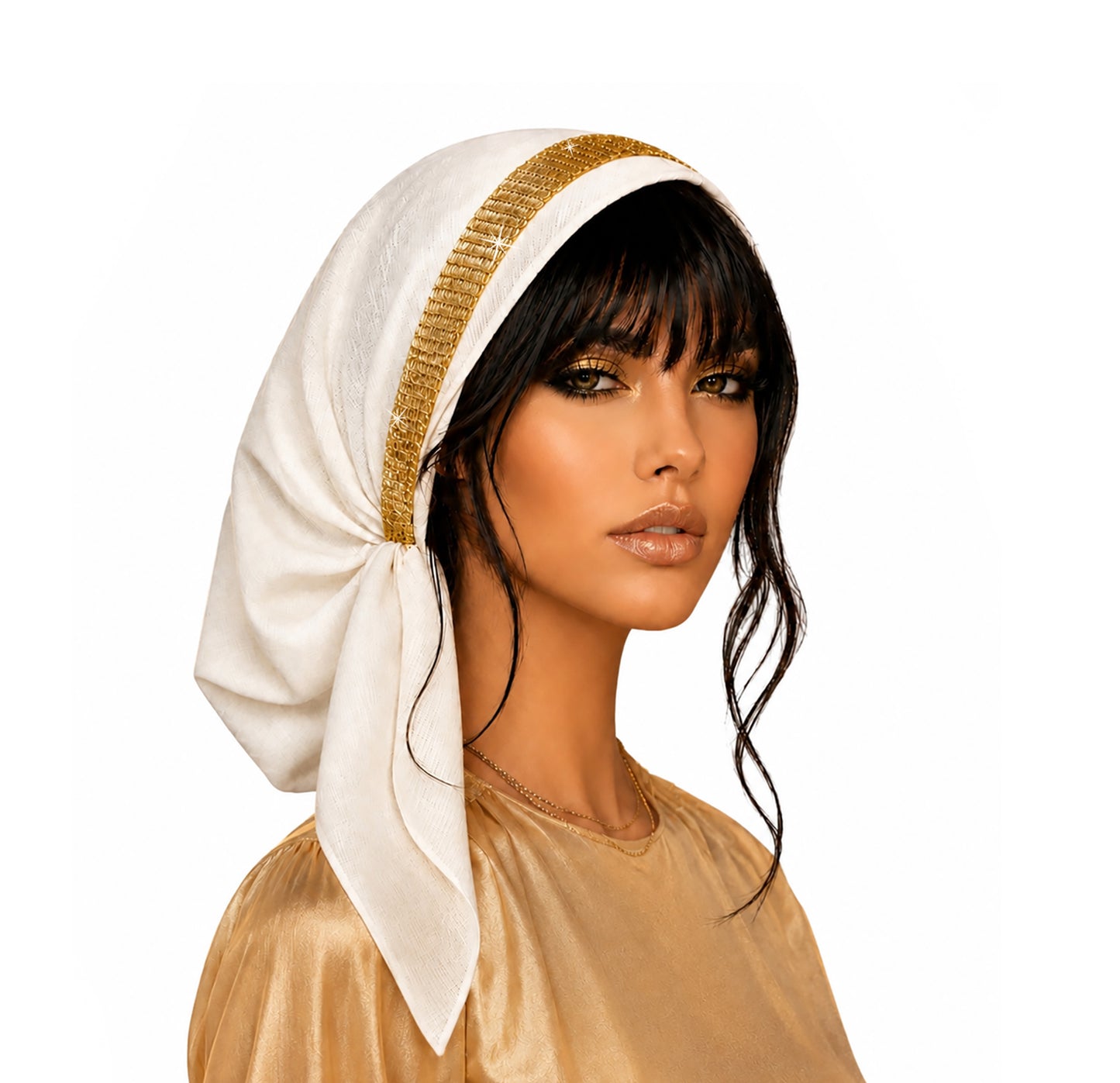White cotton headscarf gold sparkly trim