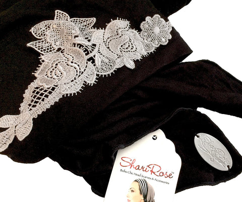 Black headscarf with silver floral applique