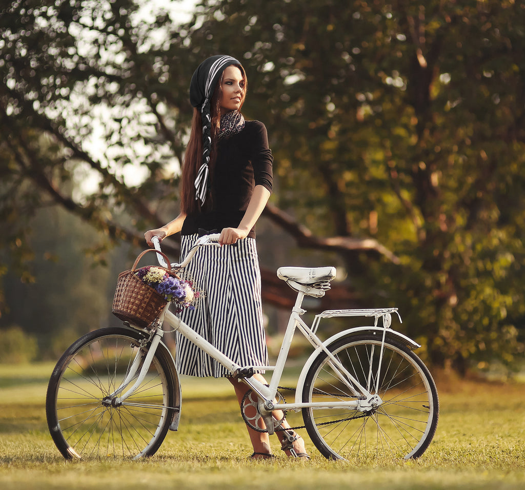 Black long headscarf with black & white stripe wrap