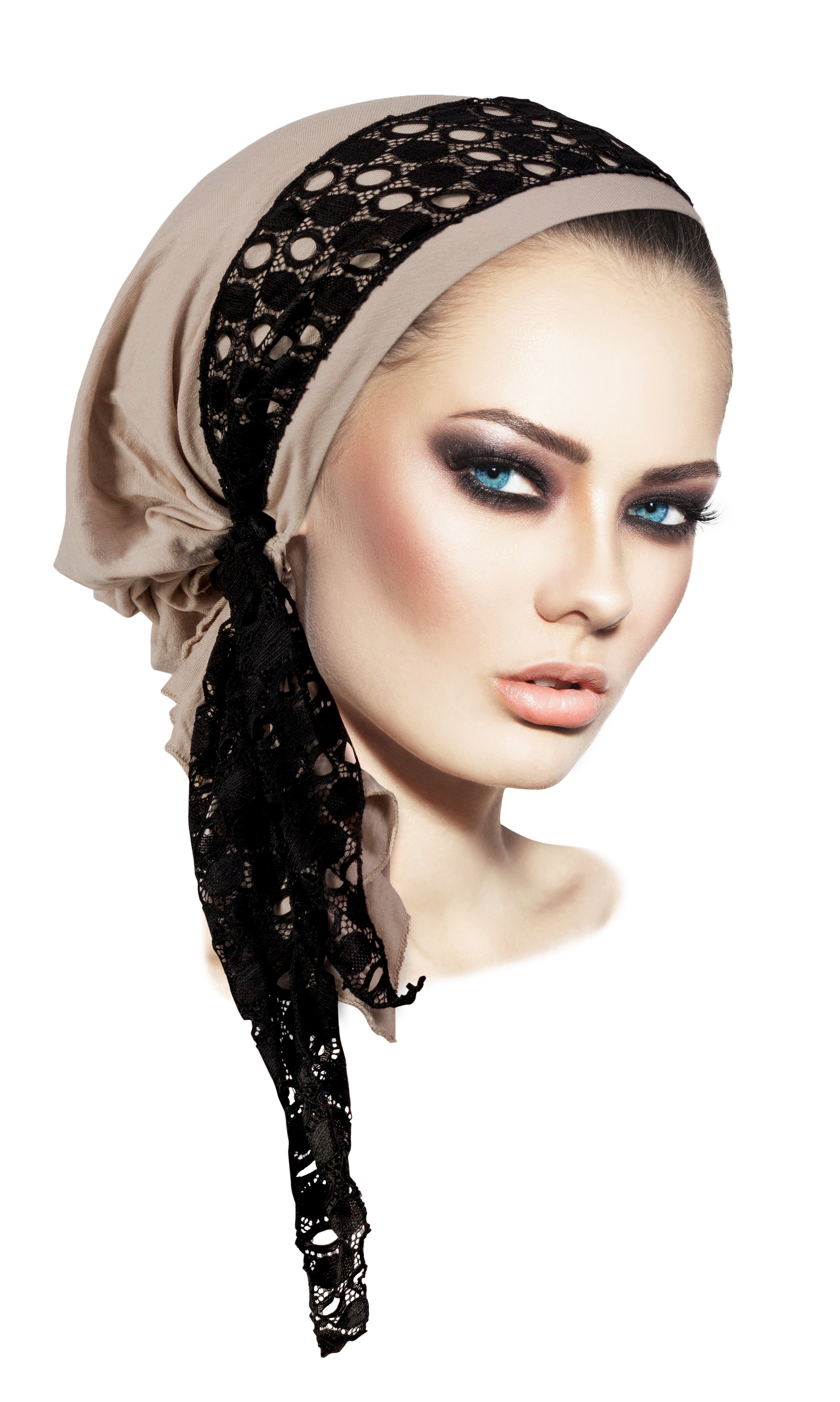Taupe pre tied headscarf black lace wrap