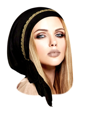 Black pre-tied headscarf with gold trim