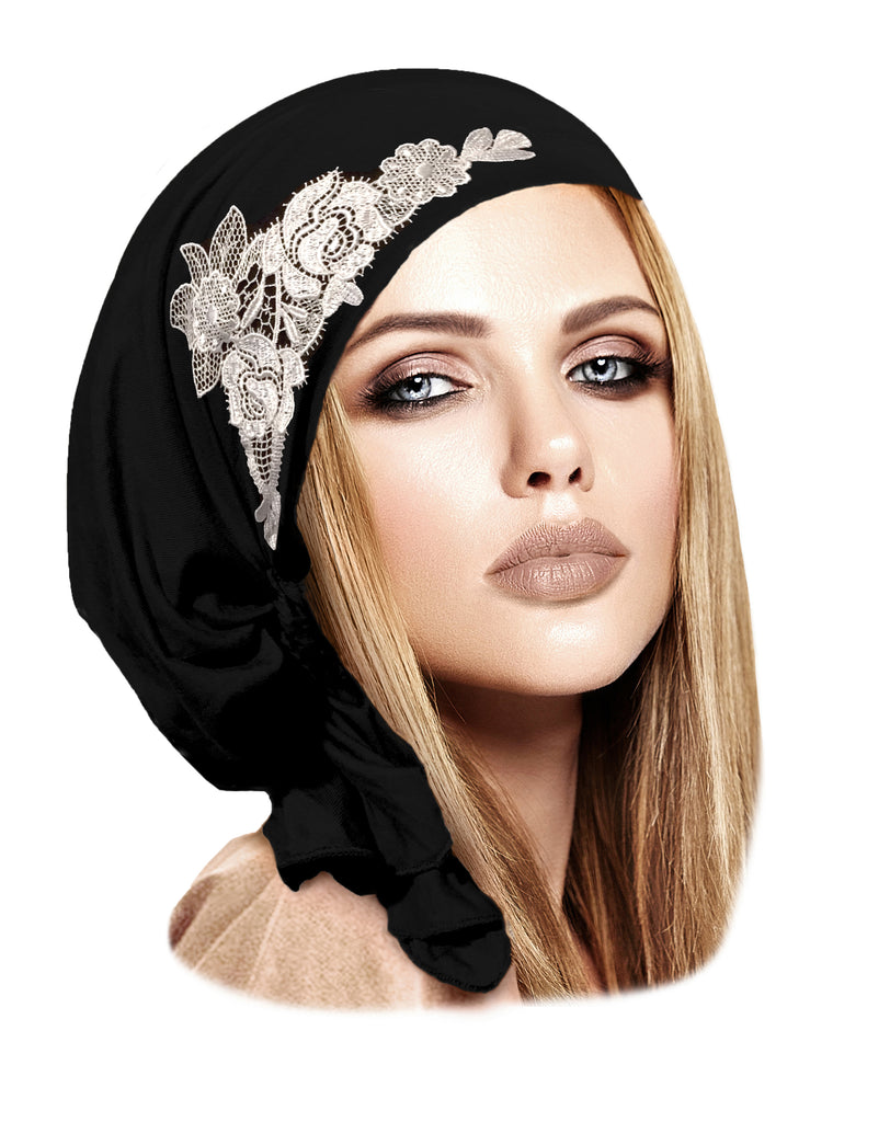 Black headscarf with silver floral applique