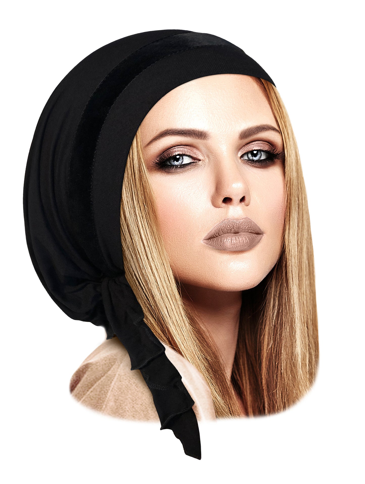 Black pre-tied headscarf with soft velvet trim