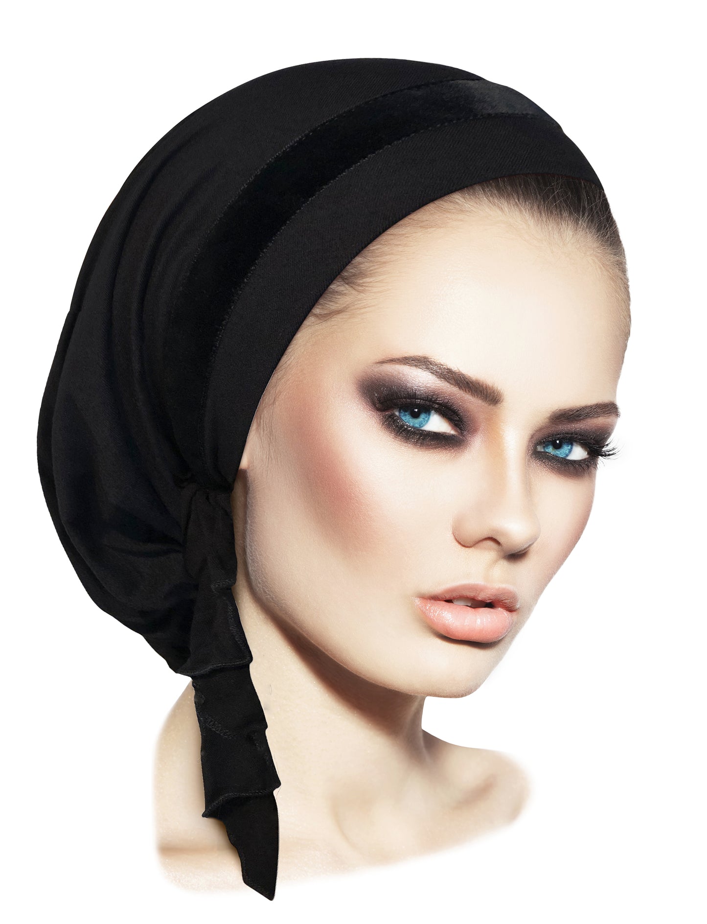 Black pre-tied headscarf with soft velvet trim