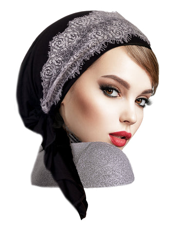 Black headscarf gray boho lace