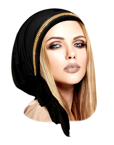 Black headscarf with gold sparkly metal trim
