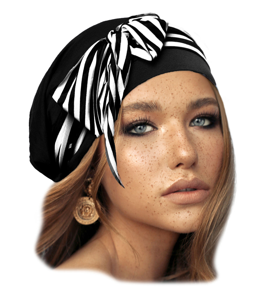 Black long headscarf with black & white stripe wrap