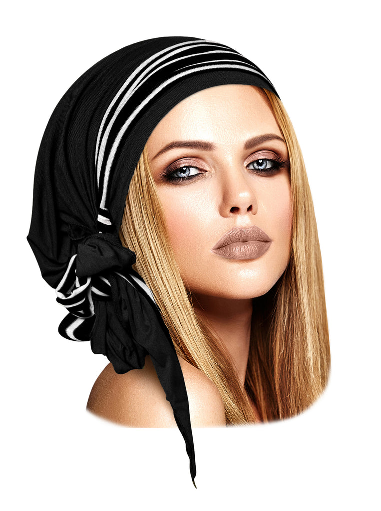 Black long headscarf with black & white stripe wrap