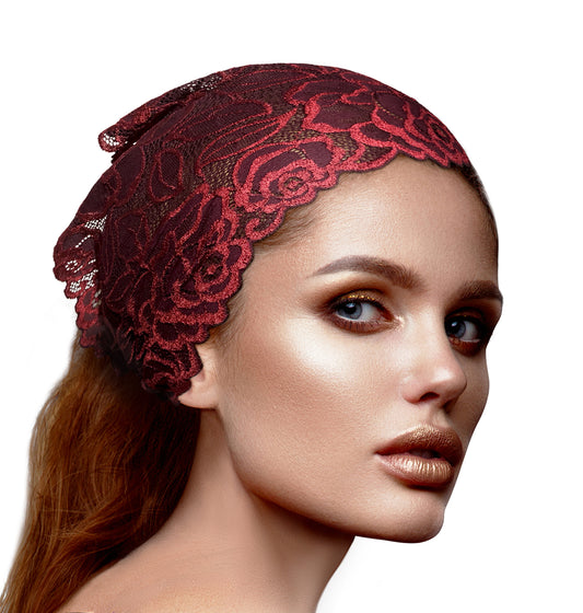 Burgundy red lace headband super wide