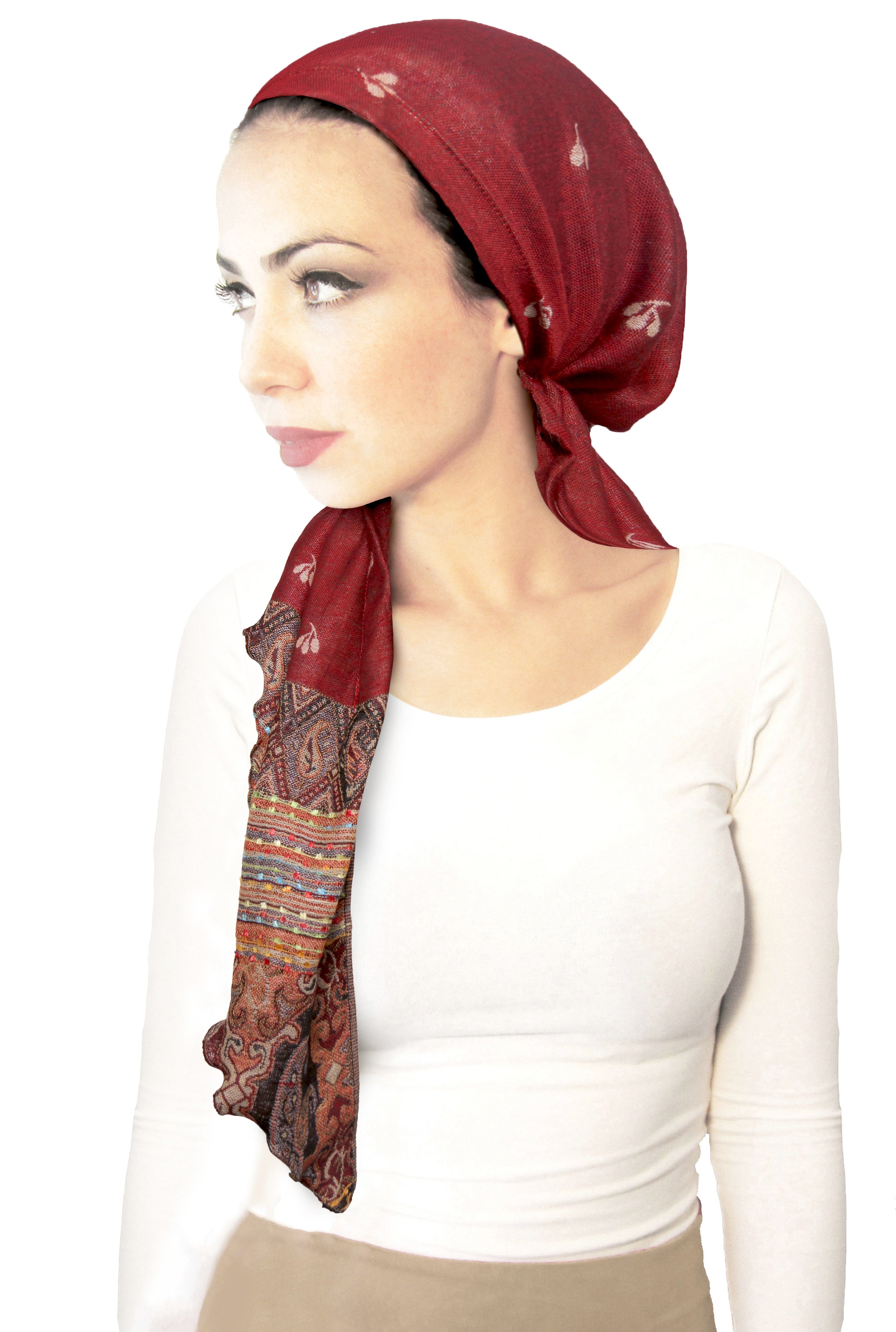 Boho chic long cashmere headscarf in burnt sienna red