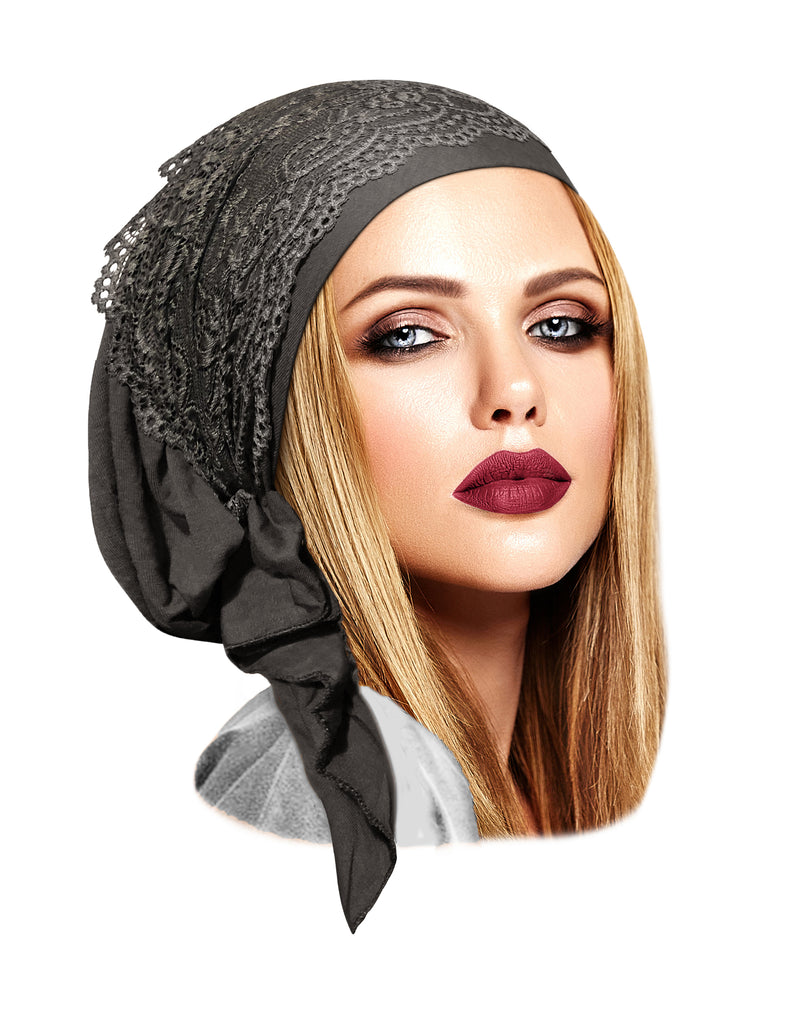 Gray headscarf with wide gray lace