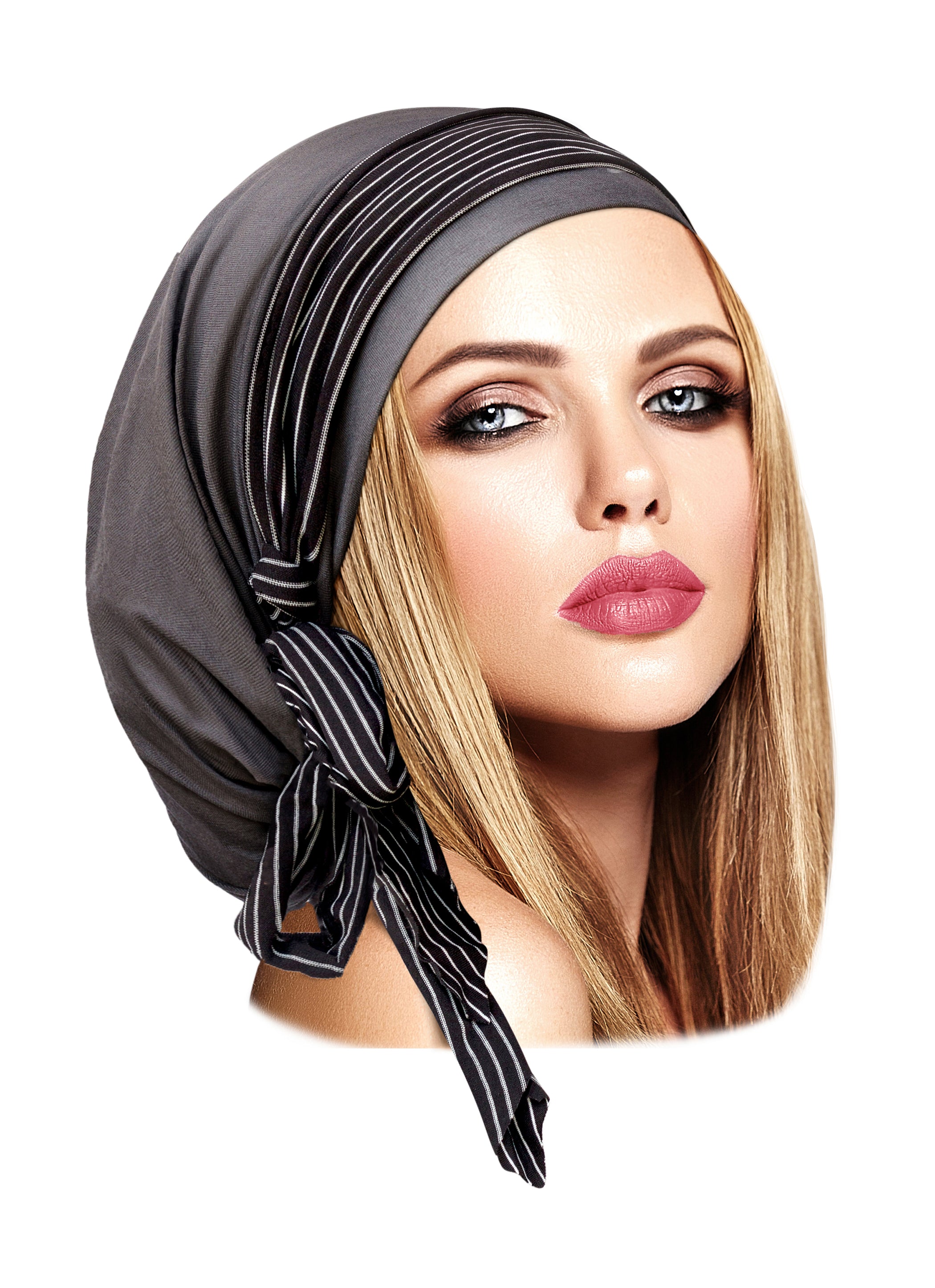 Grey pre-tied headscarf with stripe wrap