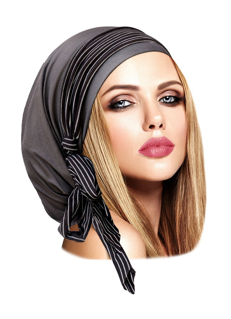 Grey pre-tied headscarf with stripe wrap