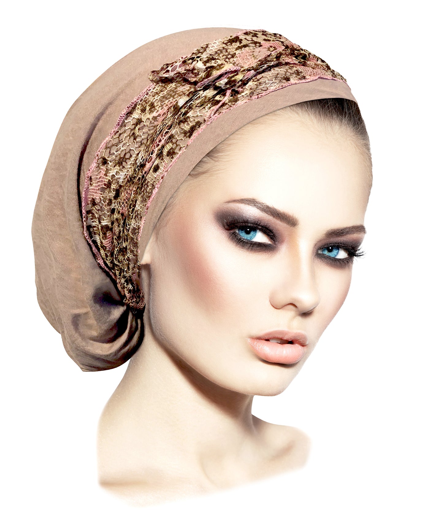 Beige headscarf w/pink floral lace wrap