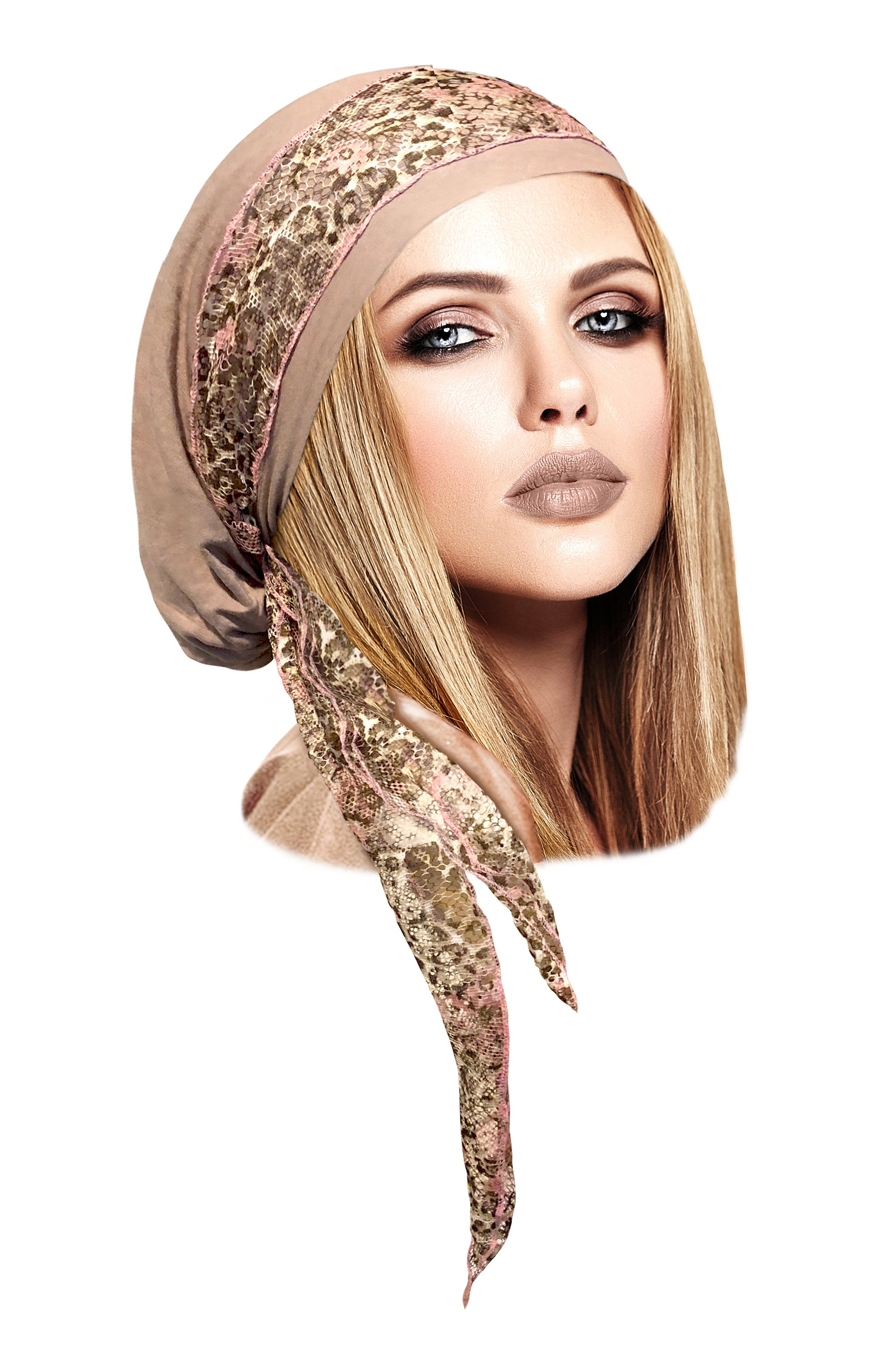 Beige headscarf w/pink floral lace wrap