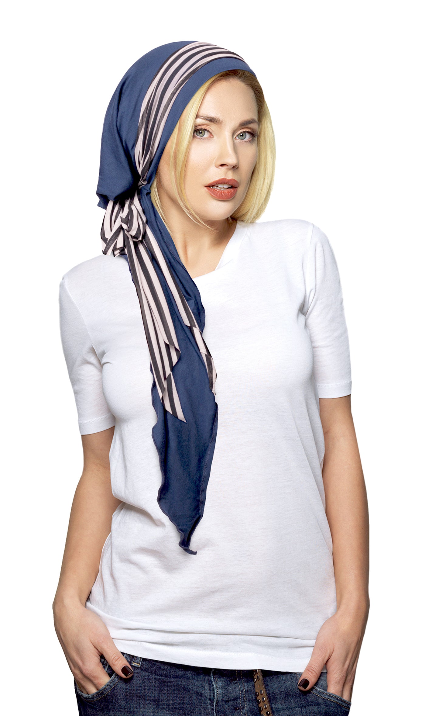 Long navy blue headscarf with stripe wrap