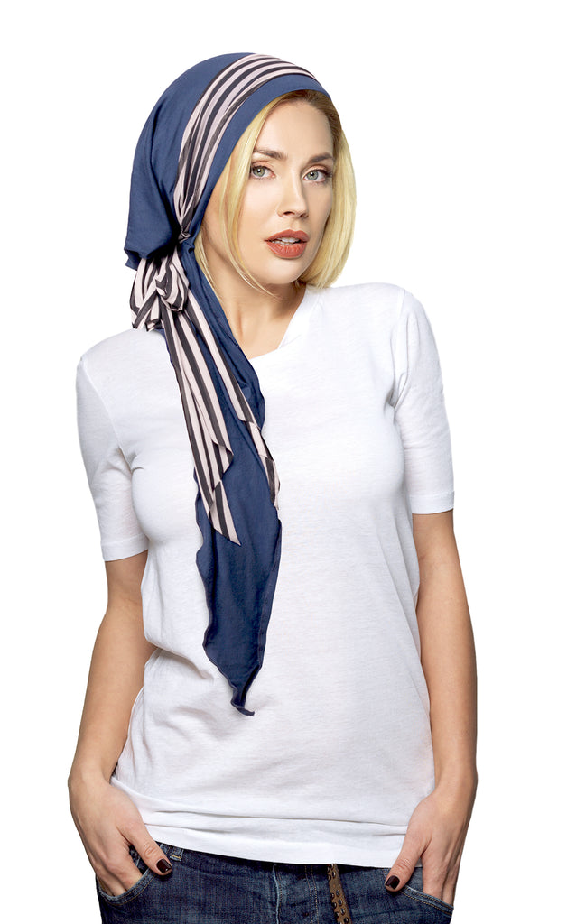 Long navy blue headscarf with stripe wrap