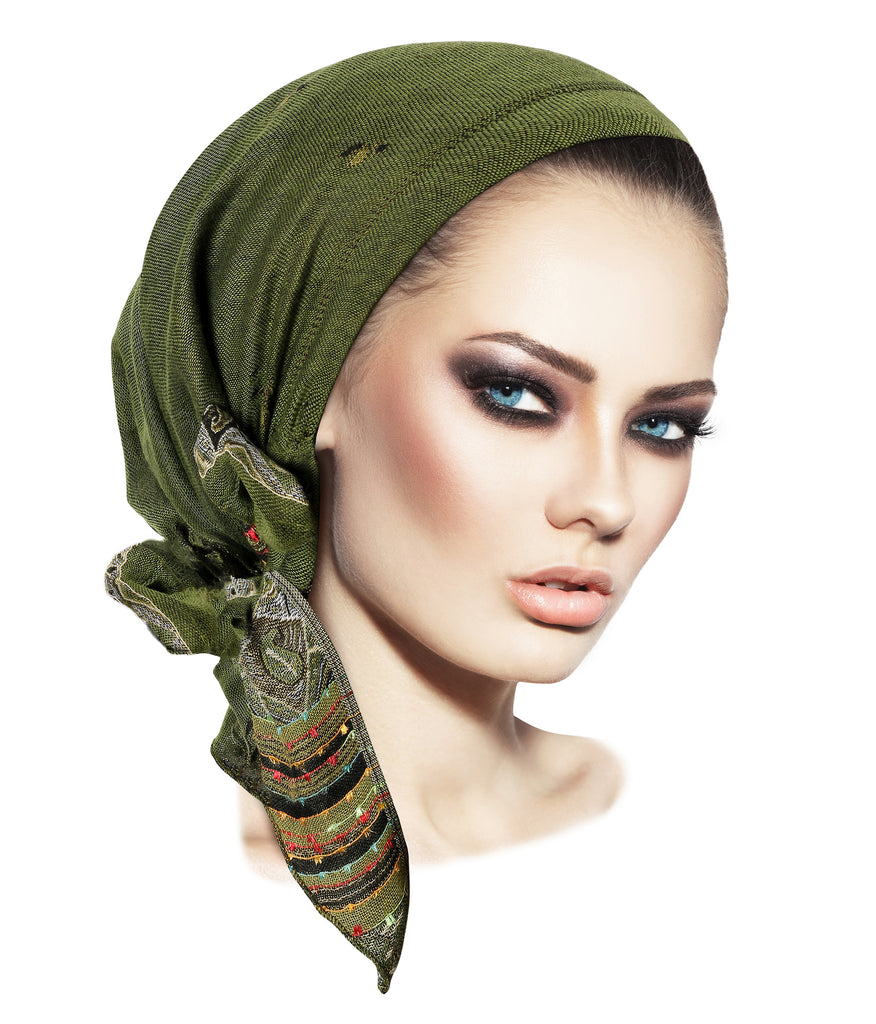 Olive green soft cashmere headscarf ethnic collection