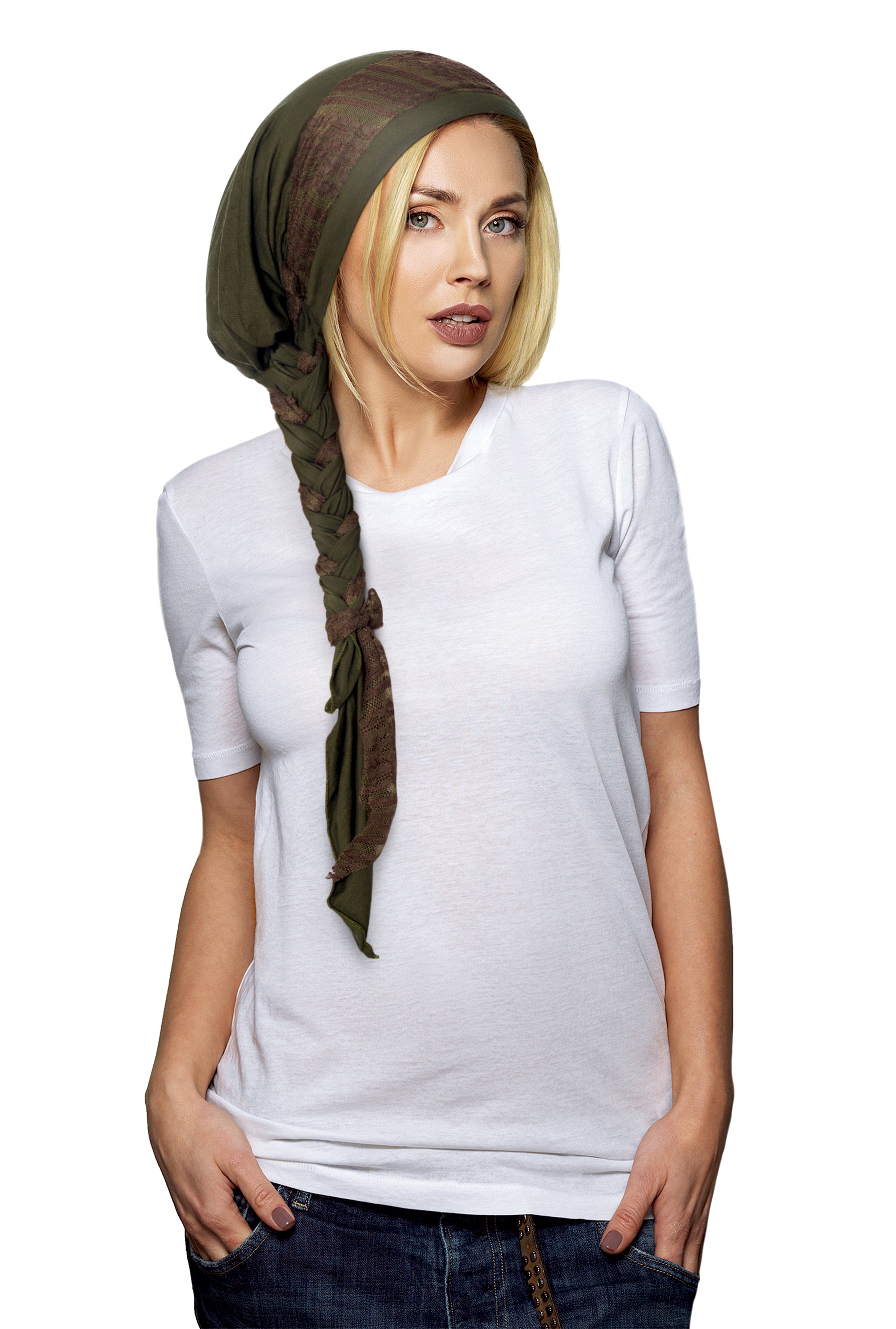 Olive green long headscarf lace wrap