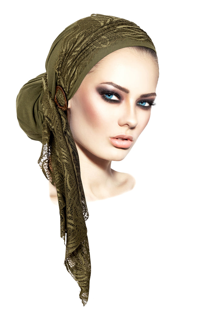 Olive green headscarf lace coconut buckle