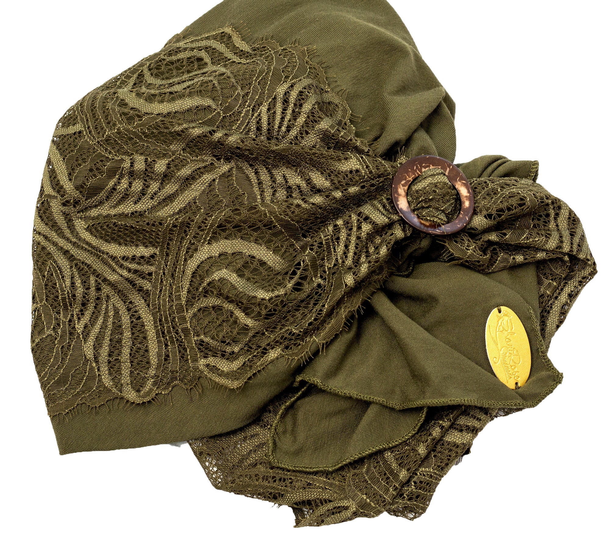 Olive green headscarf lace coconut buckle
