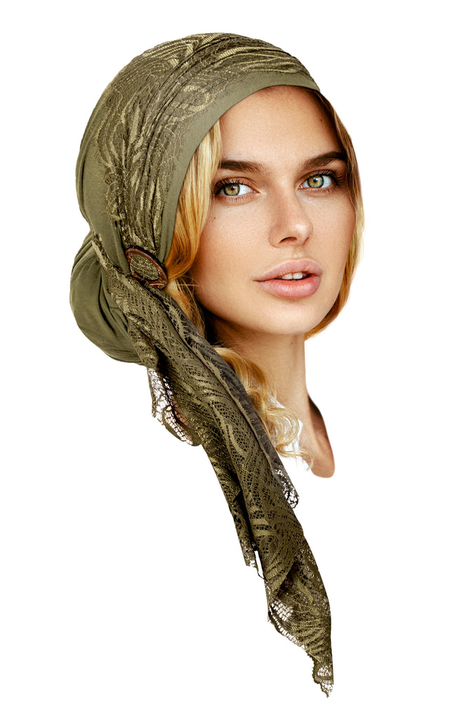 Olive green headscarf lace coconut buckle