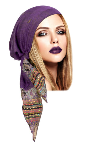 Deep purple long pre-tied cashmere headscarf
