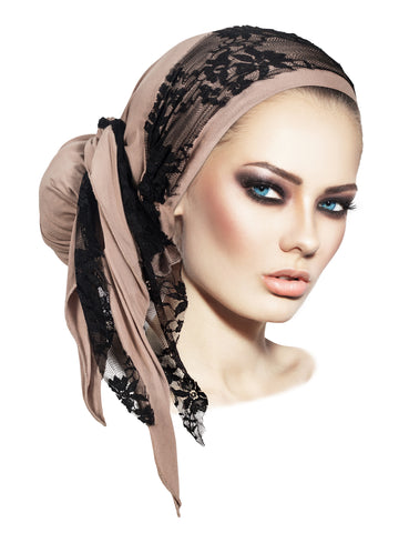 Taupe Headscarf Black Lace Wrap