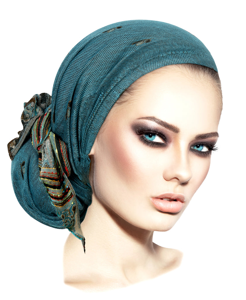 Turquoise cashmere long headscarf in pashmina