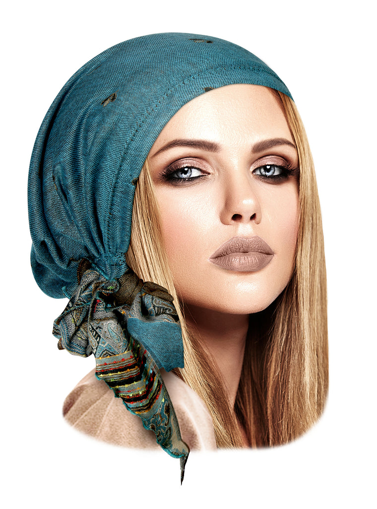 Turquoise cashmere long headscarf in pashmina