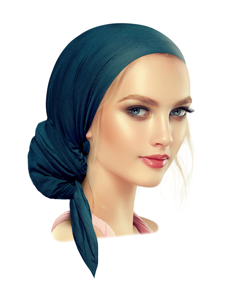 Long soft cotton pre tied headscarf in teal